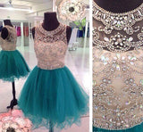 simidress.com | Beaded Jewel Neck Tulle Crystal Illusion Mini Graduation Dress, Homecoming Dress, SH496