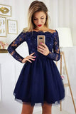 Navy A-line Long Sleeves Off-the-Shoulder Homecoming Dresses with Appliques, SH497