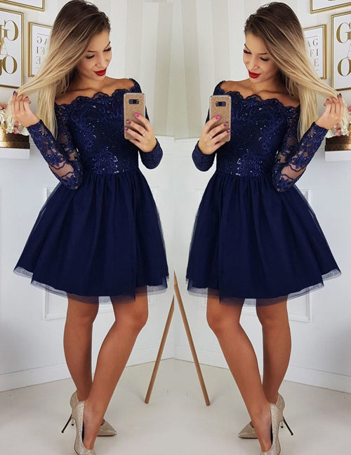 simidress.com | Navy A-line Long Sleeves Off-the-Shoulder Homecoming Dresses with Appliques, SH497