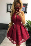 Unique Burgundy A-line Halter Jewel Keyhole Lace Homecoming Dresses, SH499