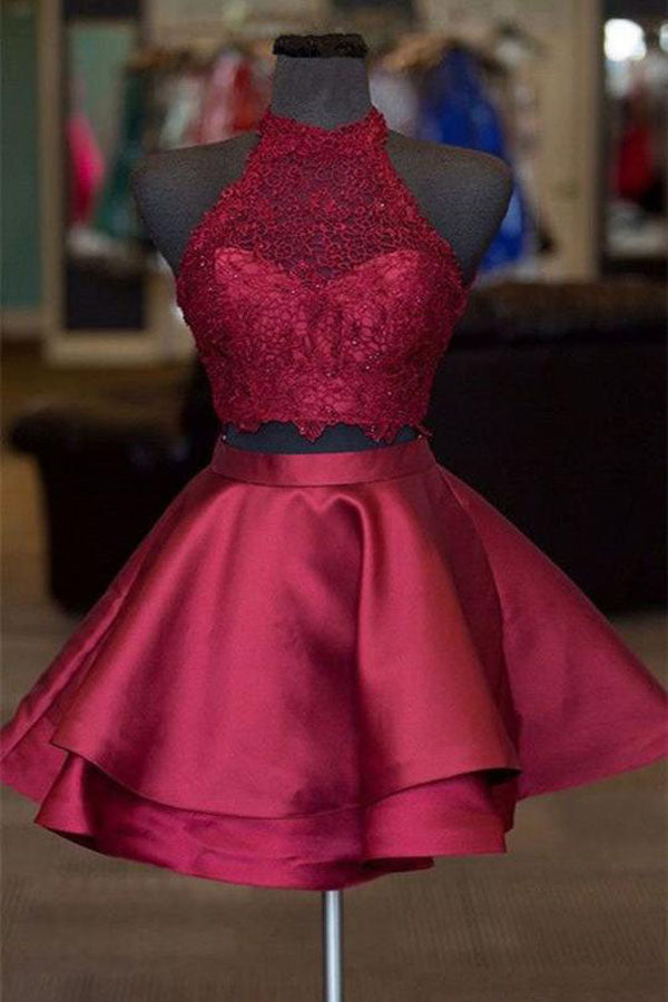 Burgundy Two Piece A-line Halter Satin Homecoming Dresses Short Prom Dresses, SH500 Simidress Burgundy Two Piece A-line Halter Satin Homecoming Dresses Short Prom Dresses, SH500 Simidress