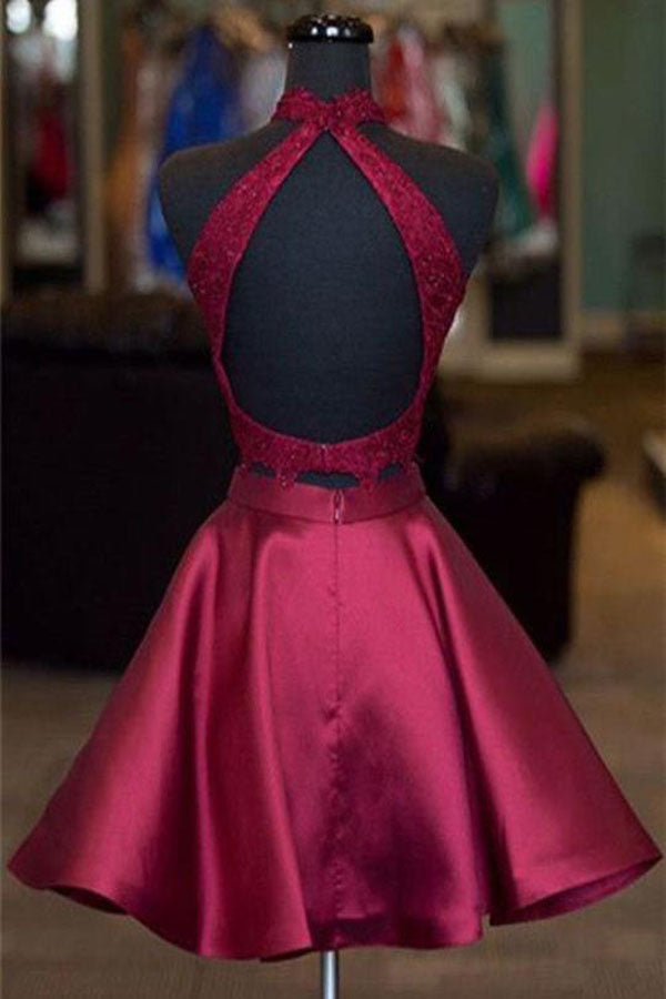 simidress.com | Burgundy Two Piece A-line Halter Satin Homecoming Dresses Short Prom Dresses, SH500