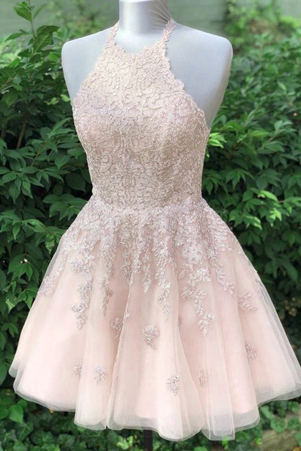 Pretty Lace A-line Halter Cross Back Homecoming Dresses with Appliques, SH505 Simidress Pretty Lace A-line Halter Cross Back Homecoming Dresses with Appliques, SH505 Simidress