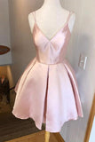 Simple Pink A-line V-neck Satin Straps Homecoming Dress, Party Dresses, SH507