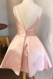 www.simidress.com | Simple Pink A-line V-neck Satin Straps Homecoming Dress, Party Dresses, SH507