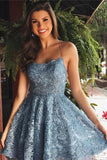Charming Blue A-line Lace Spaghetti Straps Backless Homecoming Dresses Short, SH508