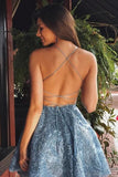 www.simidress.com | Charming Blue A-line Lace Spaghetti Straps Backless Homecoming Dresses Short, SH508