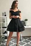 Cute Black Satin A-line Off Shoulder Open Back Homecoming Dresses, SH509