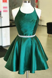 Simple Satin Dark Green Spaghetti Straps Halter Open Back Homecoming Dress, SH511