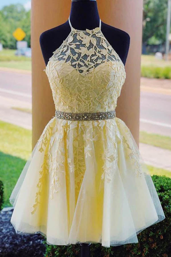 Yellow Halter Beaded Homecoming Dresses Short Prom Dress with Appliques, SH513