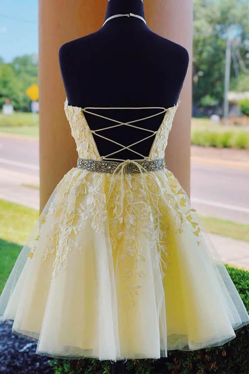 www.simidress.com | Yellow Halter Beaded Homecoming Dresses Short Prom Dress with Appliques, SH513