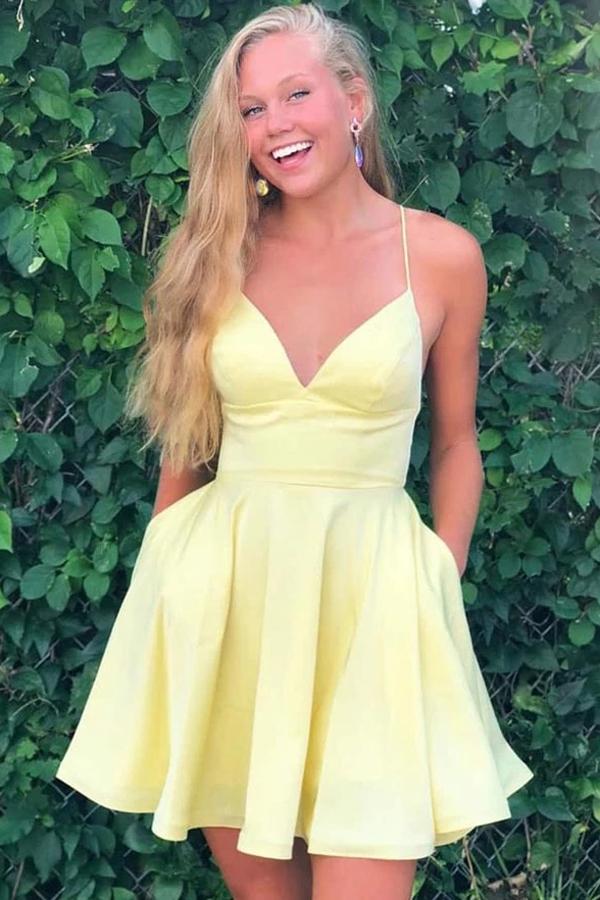 www.simidress.com | Simple Yellow A-line Satin Spaghetti Straps V-neck Homecoming Dress with Pockets, SH515
