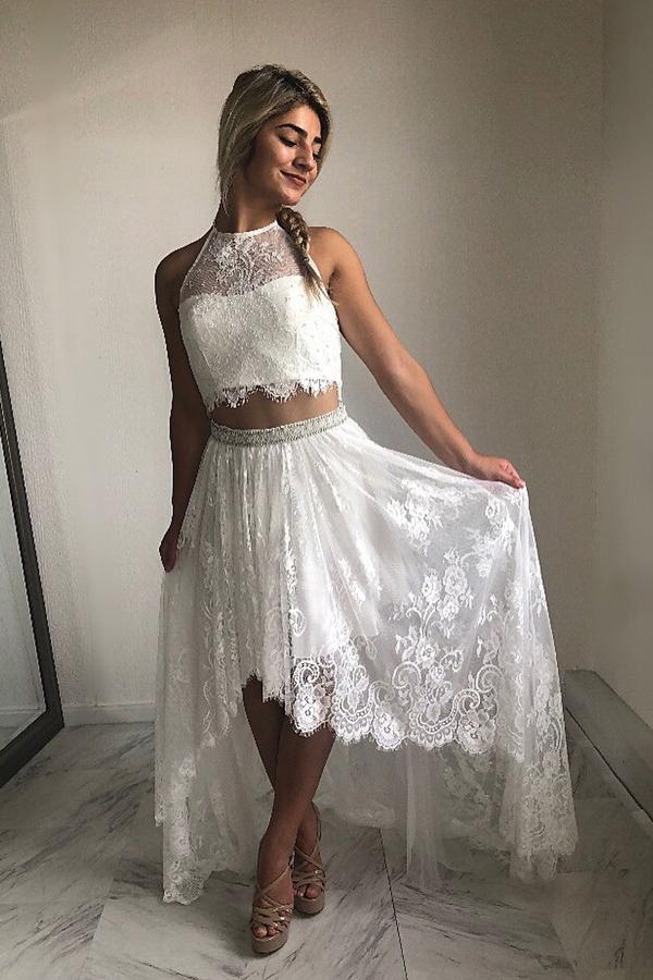 White Stylish High Low A-line Halter Lace Homecoming Dresses Short Pro Simidress White Stylish High Low A-line Halter Lace Homecoming Dresses Short Pro Simidress
