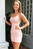 Pink Spaghetti Straps Sheath Lace Appliques Homecoming Dresses, SH520