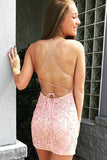 Pink Spaghetti Straps Sheath Lace Appliques Homecoming Dresses, SH520 from simidress.com