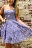 Purple Beaded A-line Spaghetti Straps Lace Appliques homecoming Dress, SH521