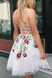 White Lace A-line V-neck Floral Print Homecoming Dresses Party Dresses, SH524 at simidress.com