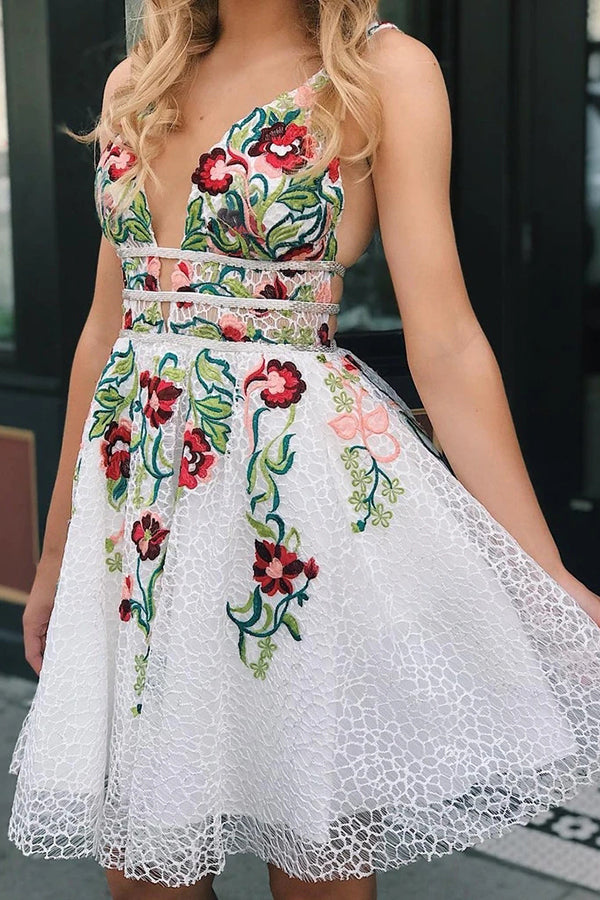 White Lace A-line V-neck Floral Print Homecoming Dresses Party Dresses Simidress White Lace A-line V-neck Floral Print Homecoming Dresses Party Dresses Simidress
