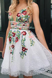 White Lace A-line V-neck Floral Print Homecoming Dresses Party Dresses, SH524