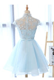 www.simidress.com supply Light Blue A-line High Neck Cap Sleeves Homecoming Dress with Flowers, SH525