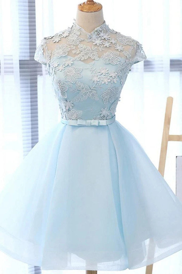 Light Blue A-line High Neck Cap Sleeves Homecoming Dress with Flowers, Simidress Light Blue A-line High Neck Cap Sleeves Homecoming Dress with Flowers, Simidress