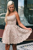 Champagne Lace Spaghetti Straps Sleeveless Homecoming Dress, Graduation Dresses, SH528