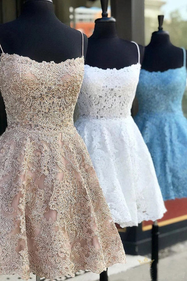Find champagne, white and blue Lace Spaghetti Straps Sleeveless Homecoming Dress, Graduation Dresses, SH528 at www.simidress.com