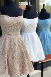 Find champagne, white and blue Lace Spaghetti Straps Sleeveless Homecoming Dress, Graduation Dresses, SH528 at www.simidress.com
