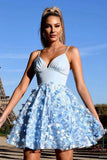 Light Blue Lace Spaghetti Straps Homecoming Dresses, Short Prom Dresses, SH529