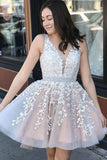 Blush Pink Lace A-line V-neck Homecoming Dresses, Prom Dresses Short, SH530