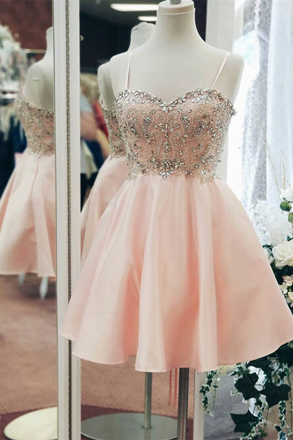 Blush Pink Satin Beaded Sweetheart Spaghetti Straps Homecoming Dress, SH533 - Simidress