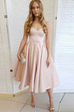 Satin A-line Sweetheart Strapless Tea Length Homecoming Dresses, SH535