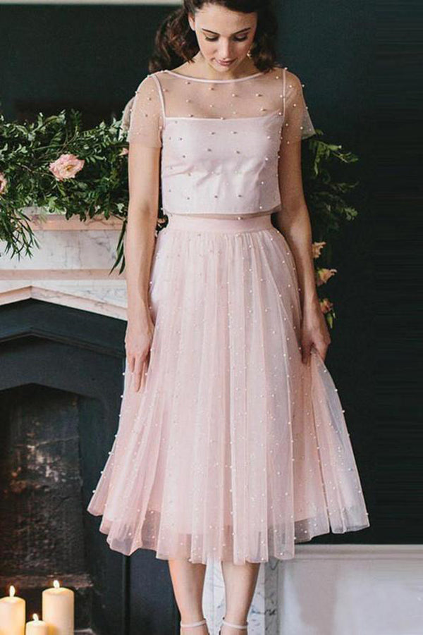 Blush Pink Tulle Two Piece Short Sleeves Tea Length Homecoming Dress, SH536