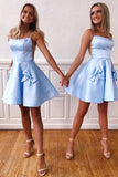 Light Blue Cute A-line Spaghetti Straps Bowknot Homecoming Dress, SH539