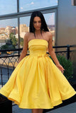 www.simidress.com supply Yellow Satin A-line Strapless Short Homecoming Dress with Pockets, SH542