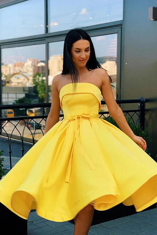 Yellow Satin A-line Strapless Short Homecoming Dress with Pockets, SH5 Simidress Yellow Satin A-line Strapless Short Homecoming Dress with Pockets, SH5 Simidress