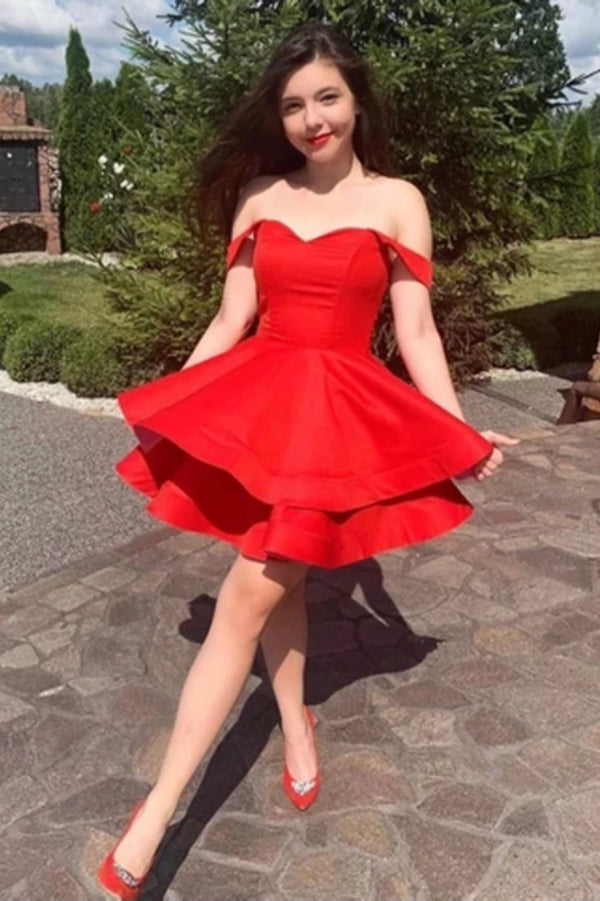 Red Satin A-line Off Shoulder Homecoming Dresses, Short Prom Dresses, Simidress Red Satin A-line Off Shoulder Homecoming Dresses, Short Prom Dresses, Simidress