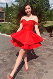 Red Satin A-line Off Shoulder Homecoming Dresses, Short Prom Dresses, SH545