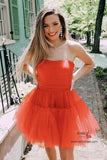 Red Tulle Tiered Strapless Ruffle Short Prom Dress Homecoming Dresses, SH546