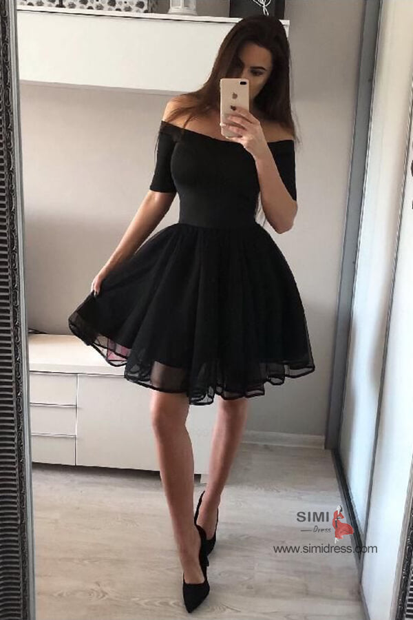 Prom Black Short Tutu Skirt Black Tulle Short Prom Dress, Black V