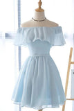 Light Blue Chiffon Off Shoulder Short Prom Dress, Homecoming Dresses, SH548