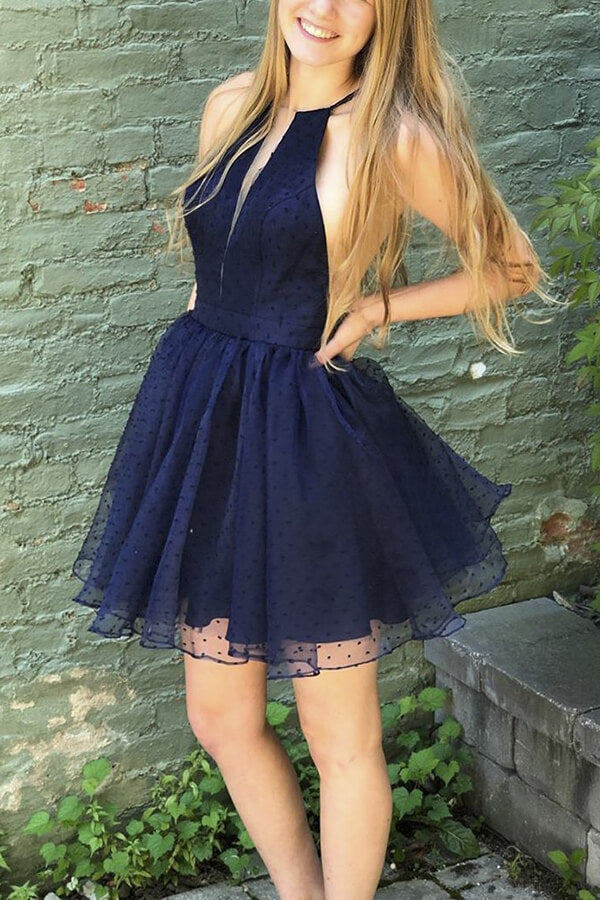 Simple Mini Dark Navy Halter Short Homecoming Dresses, SH549 | homecoming dresses | short prom dresses | graduation dresses | school dance | prom dresses short | navy homecoming dresses | Simidress