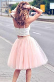 Two Piece Pink Spaghetti-Strap Tulle Sleeveless Homecoming Dresses,SH54