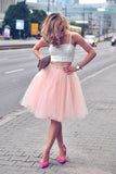 Two Piece Pink Spaghetti-Strap Tulle Sleeveless Homecoming Dresses,SH54