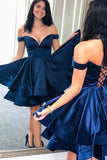 Navy Blue Satin Off-the-Shoulder Ruffles Short Homecoming dress, SH550