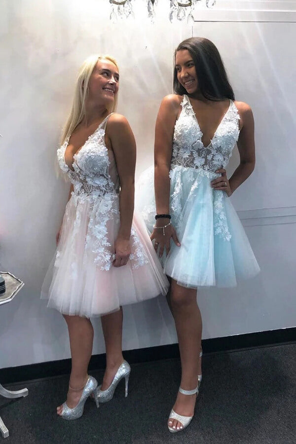 Tulle Lace A-line V-neck Short Homecoming dresses, Graduation Dress, SH551 | lace homecoming dresses | blue homecoming dresses | homecoming dresses short | cheap homecoming dresses | graduation dresses | homecoming dresses near me | Simidress.com