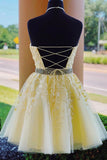 Appliqued Yellow Tulle A-line Halter Lace up Short Homecoming Dresses, SH552 | yellow homecoming dresses | short homecoming dresses | graduation dresses | homecoming dresses near me | Simidress