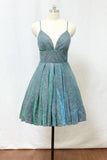 Glitter Silver Green Spaghetti Straps Homecoming Dress With Pockets, SH554