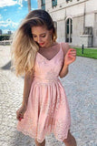 Blush Pink Lace A-line V-neck Spaghetti Straps Homecoming Dresses, SH555