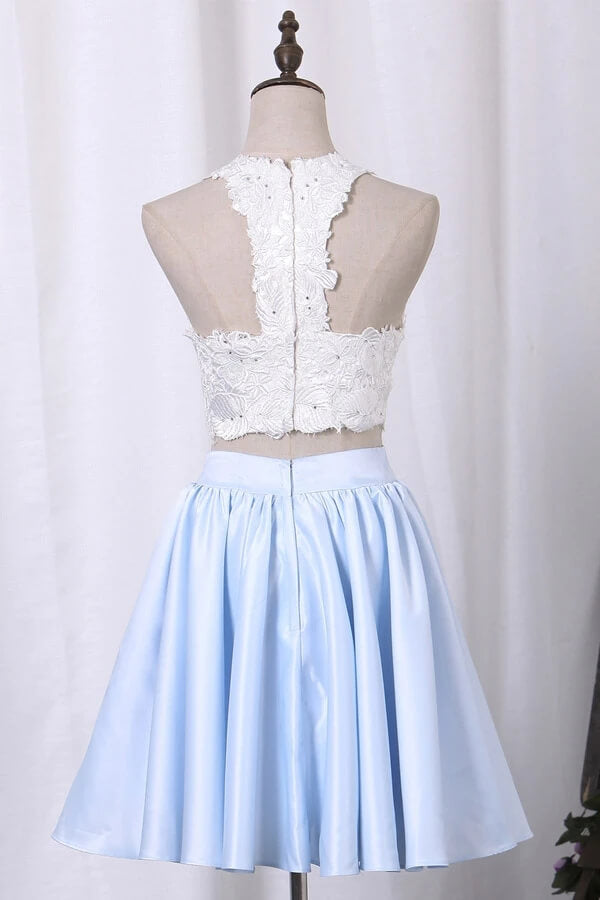 Simple A-line Satin Two-Piece Halter Homecoming Dresses With Appliques, SH556 | homecoming dresses | short prom dresses | graduation dresses | short homecoming dresses | simidress.com